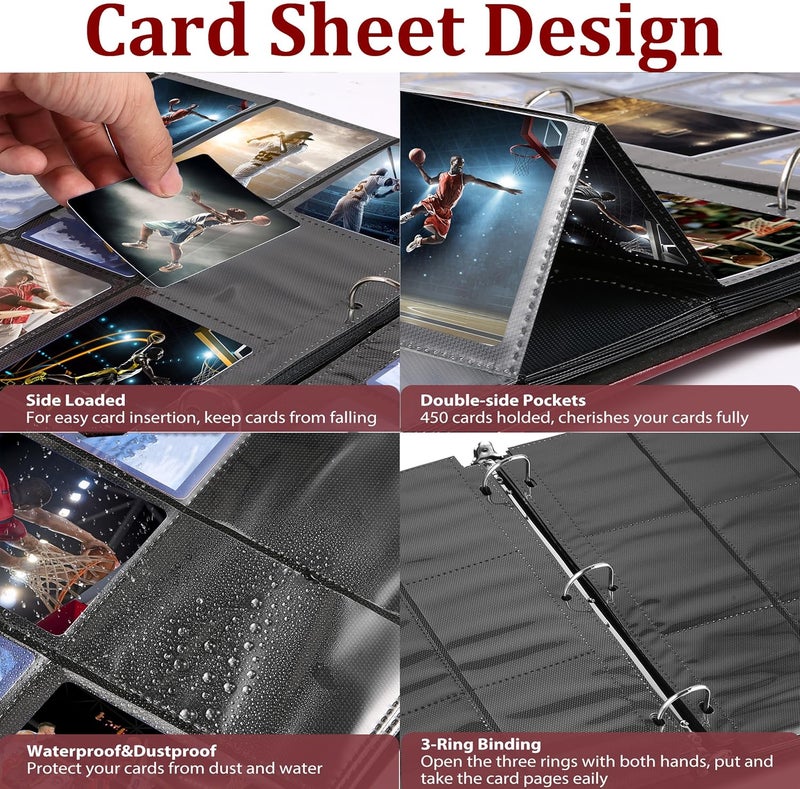 WOT I Deluxe Trading Card Binder, 450 Pockets Collectible Card Binder Sleeves, Refillable Leather 3 Ring Binder with Side-load Pocket Card Pages for Holding Cherished Cards - Red - Image 4